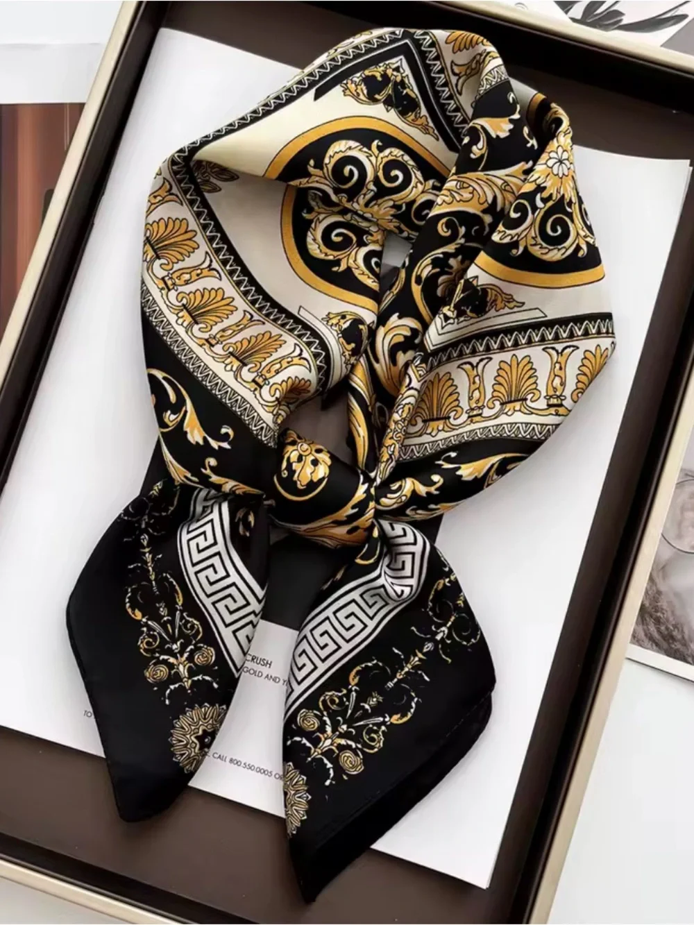 Luxury Black and Gold Patterned Silk Scarf